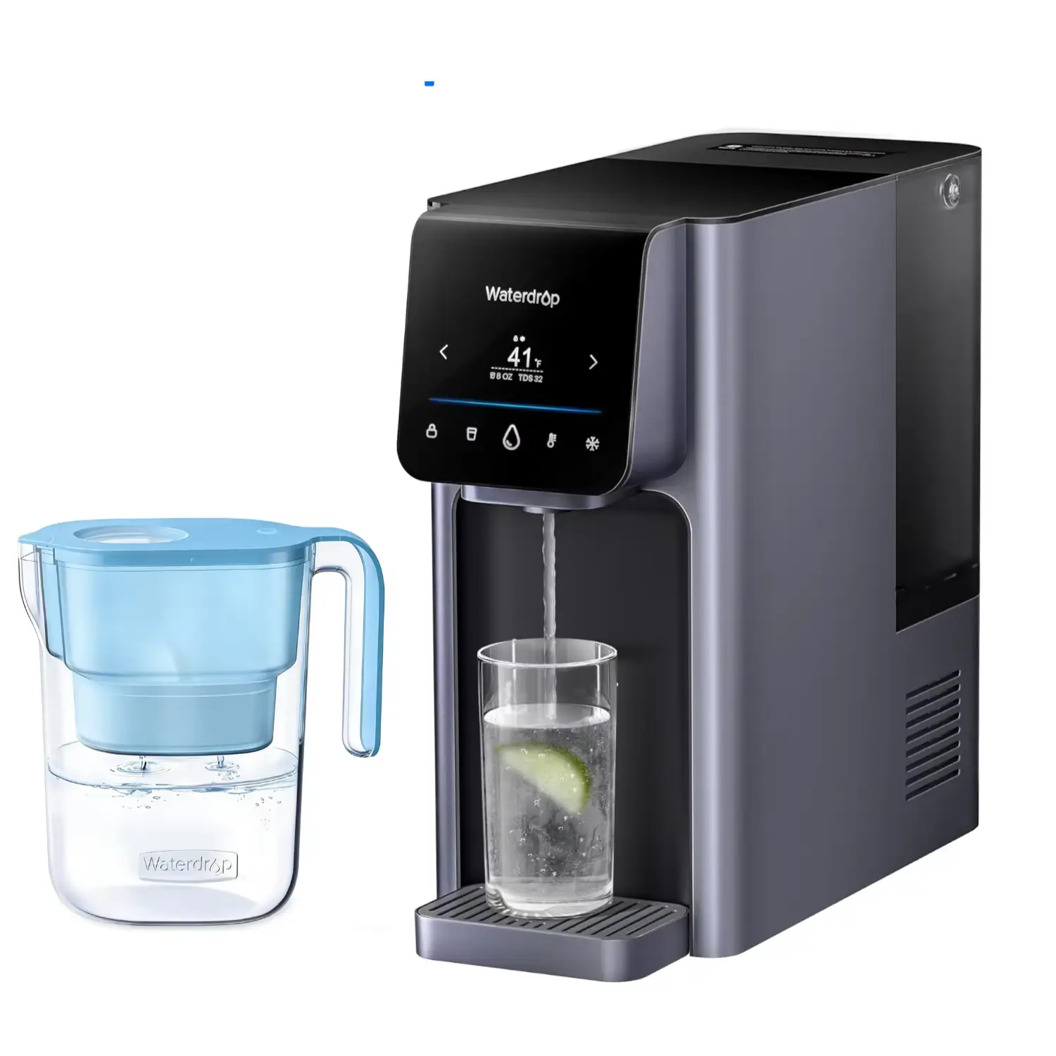Waterdrop WD-A1 countertop reverse osmosis water purifier with hot and cold water dispensing, installation-free RO system including water filter pitcher